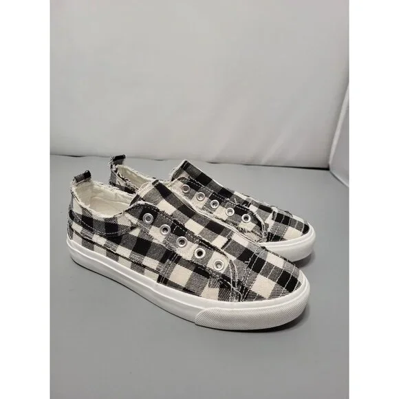 Corkys Boutique Black White Babalu Distressed Buffalo Plaid Slip on Sneakers, 6 - Picture 1 of 7